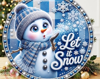 Blue & White Let It Snow Wreath Sign: Round Metal Sign For Wreaths, Christmas Winter Decor Gift