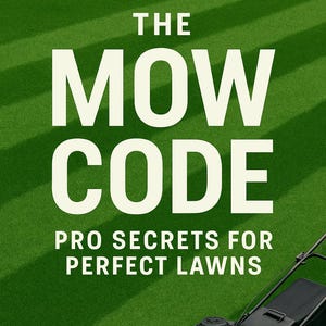 Peut inclure: La couverture d'un livre intitulé "The Mow Code" avec le sous-titre "Pro Secrets for Perfect Lawns". Une tondeuse à gazon rouge et noire est sur une pelouse verte. Le texte "Master the Cut, Edge Like a Pro, Keep it Safe" est en bas.
