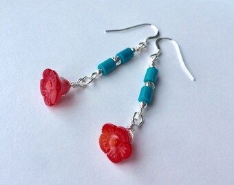 Coral Flower Dangle Earrings With Turquoise And Silver