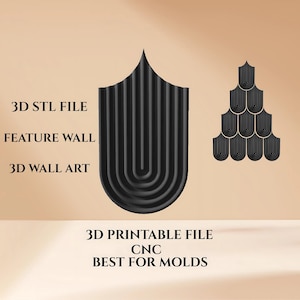 Puede incluir: Diseño de arte mural 3D negro con líneas verticales y curvas. La imagen incluye texto: "3D STL FILE", "FEATURE WALL", "3D WALL ART", "3D PRINTABLE FILE", "CNC" y "BEST FOR MOLDS".