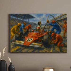 Vintage F1 Pit Stop Wall Art – Retro Oil Painting Style | Ferrari Formula 1 Racing Poster | Horizontal Motorsport Printable Download