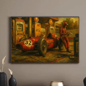 F1 Vintage Ferrari Pit Stop – Retro Oil Painting Wall Art Digital Download | Horizontal Printable Art | Classic F1 Car at Shell Station