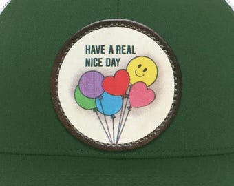 80s Smiley Balloon Trucker Snap Back Hat  | “Have a Real Nice Day” Graphic