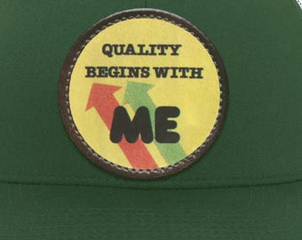 Retro Office Humor Trucker Snap Back Hat | 80s Vintage | "Quality Begins With Me" Graphic