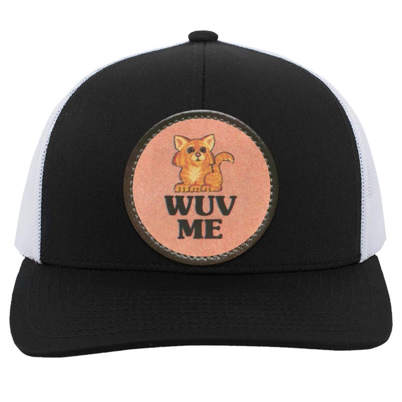 Vintage Cat Lover Trucker Snap Back Hat | 80s Retro Graphic | "Wuv Me" Black/White