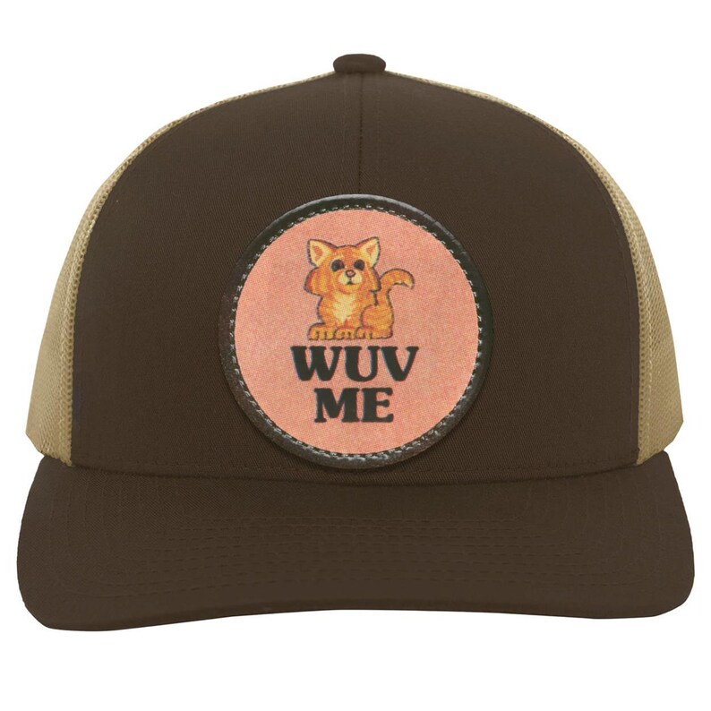 Vintage Cat Lover Trucker Snap Back Hat | 80s Retro Graphic | "Wuv Me" Brown/Khaki