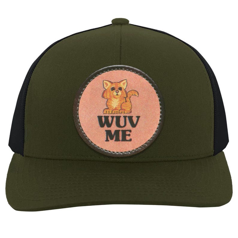 Vintage Cat Lover Trucker Snap Back Hat | 80s Retro Graphic | "Wuv Me" Moss/Charcoal
