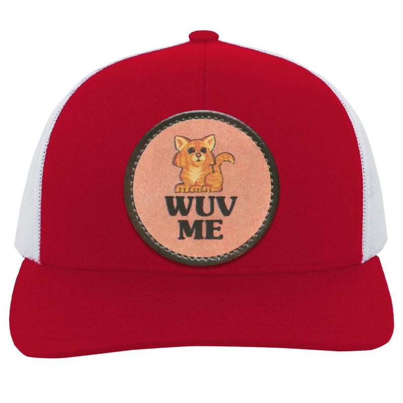 Vintage Cat Lover Trucker Snap Back Hat | 80s Retro Graphic | "Wuv Me" Red/White