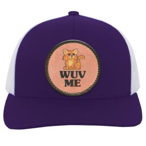Vintage Cat Lover Trucker Snap Back Hat | 80s Retro Graphic | "Wuv Me" Purple/White