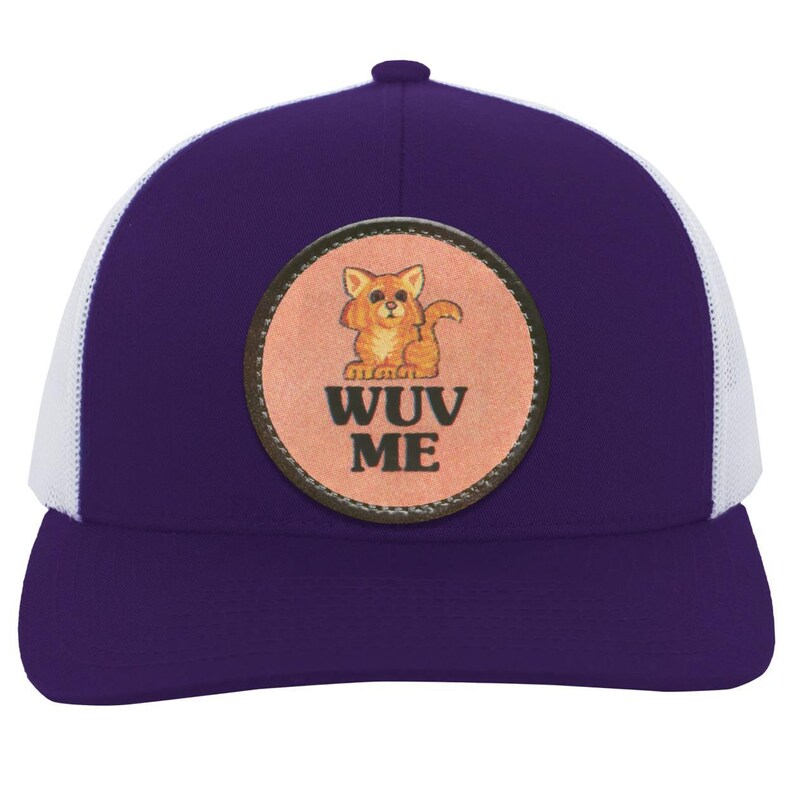 Vintage Cat Lover Trucker Snap Back Hat | 80s Retro Graphic | "Wuv Me" Purple/White
