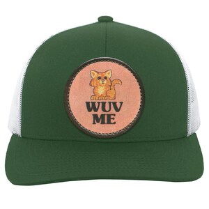 Vintage Cat Lover Trucker Snap Back Hat | 80s Retro Graphic | "Wuv Me" Dark Green/White