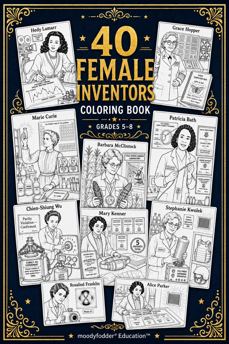 Libro para colorear: 40 inventoras / Historia de la mujer / Para niños de 5.º a 8.º grado / Descarga instantánea en PDF imagen 1