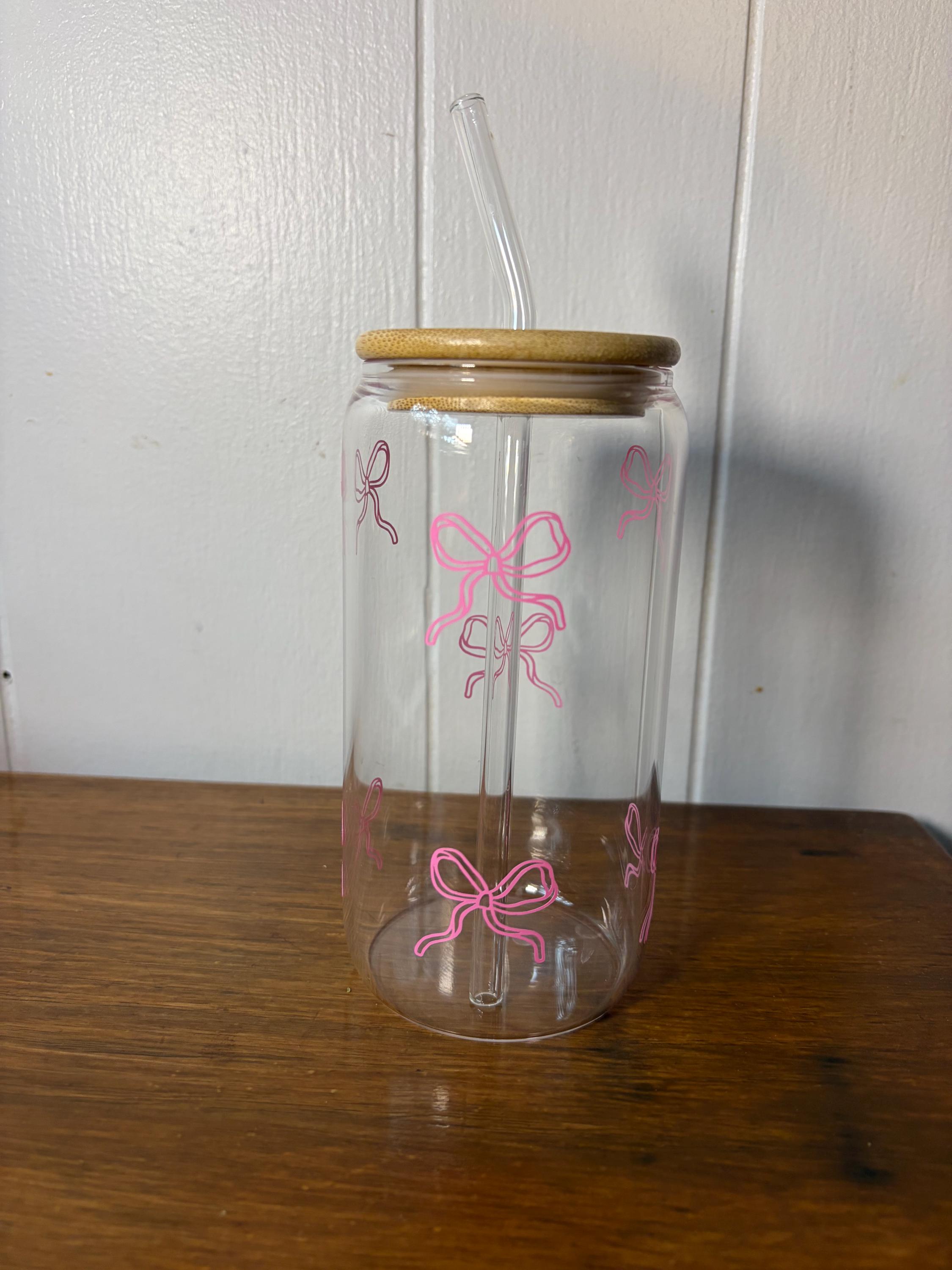 Pink Bow Glass Can Cup With Lid & Straw, 16oz Tumbler Glass, Cute ...
