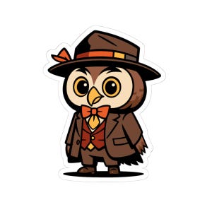 Gentleman Owl Kiss-Cut Stickers - Cute Cartoon Owl Sticker, Adorable Animal Laptop Sticker