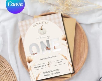 Invito modificabile per il primo compleanno della nostra piccola zucca Invito per il primo compleanno per bambina Autunno Boho Foto digitale scaricabile stampabile