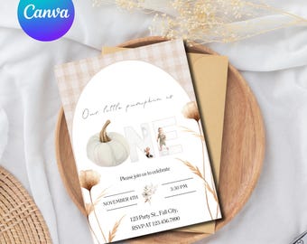 Invito modificabile per il primo compleanno, invito per la nostra piccola zucca, primo compleanno per bambina, foto digitale autunnale Boho, scaricabile e stampabile