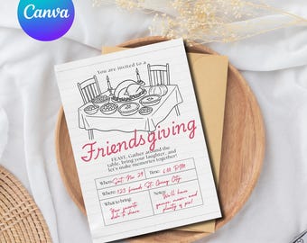 May include: A Friendsgiving invitation with a hand-drawn illustration of a Thanksgiving table setting. The invitation includes the text "Friendsgiving" in a cursive font, along with event details such as date, time, and location.
