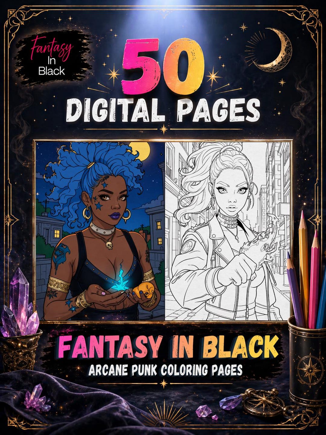 Color Book Punk Urban Magic Punk Coloring Book, Black Women, Fantasy Art (50 Page ...
