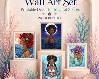 Digital Wall Art Mermaid Set, 4 Black Woman Fantasy Art, Printable Watercolor Decor