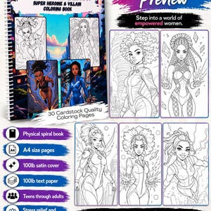 May include: A spiral-bound coloring book titled "Fantasy in Black" featuring superhero and villain illustrations. The cover displays sample pages with black woman heroes in fantasy scenes. The book includes 30 cardstock quality coloring pages, A4 size pages, and a satin cover.
