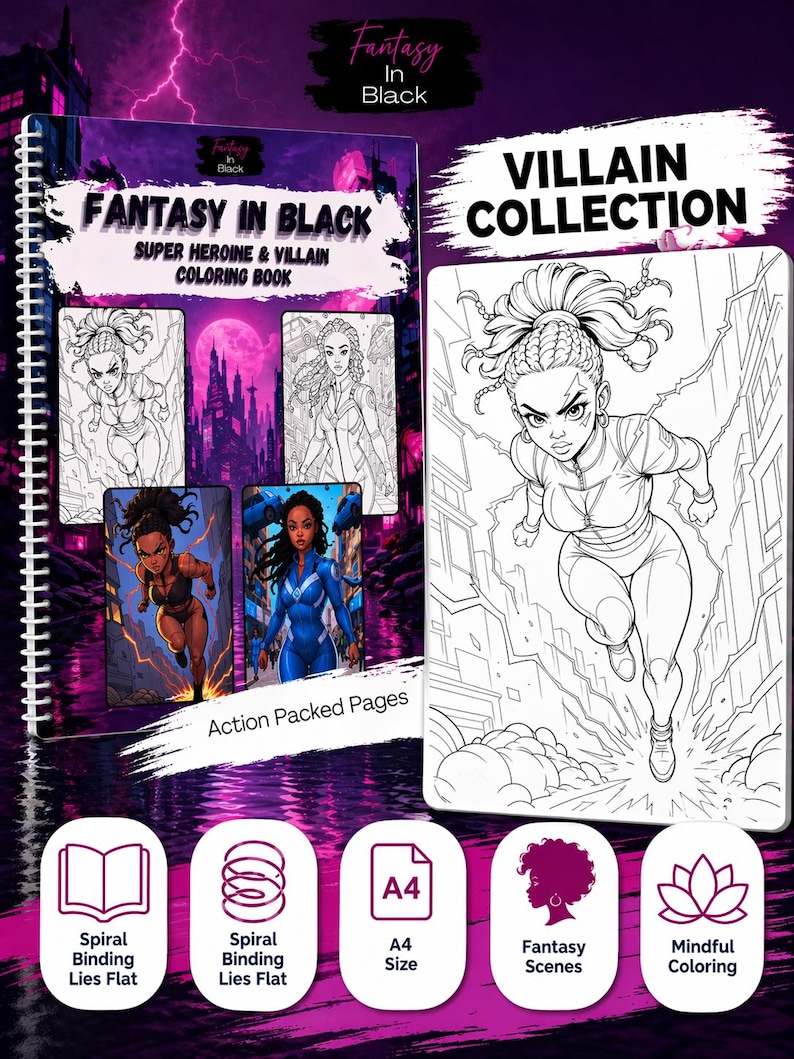 May include: A spiral-bound coloring book titled "Fantasy in Black" with the subtitle "Super Heroine & Villain Coloring Book." The cover features illustrations of female characters. The book is A4 size and includes action-packed pages and fantasy scenes.