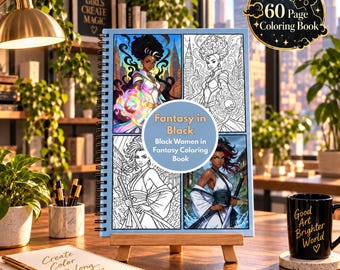 Könnte beinhalten: Ein spiralgebundenes Malbuch mit dem Titel Fantasy in Black Black Women in Fantasy Coloring Book mit vier Illustrationen von Frauen in Fantasy-Umgebungen, zwei in Farbe und zwei als Schwarz-Weiß-Strichzeichnungen, auf einem Holzständer.