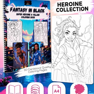May include: A spiral-bound coloring book titled "Fantasy in Black" featuring superhero and villain illustrations. The cover displays a selection of character art, with the words "Heroine Collection" on the right. The book promises 30 cardstock quality coloring pages.