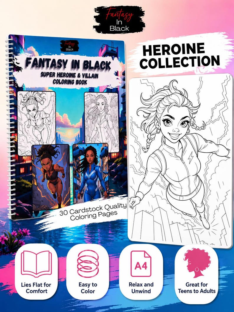 May include: A spiral-bound coloring book titled "Fantasy in Black" featuring superhero and villain illustrations. The cover displays a selection of character art, with the words "Heroine Collection" on the right. The book promises 30 cardstock quality coloring pages.
