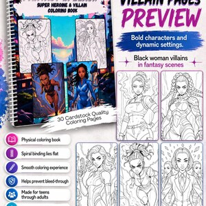 May include: A spiral-bound coloring book titled "Fantasy in Black" featuring super heroines and villains. The cover displays illustrations of Black women in fantasy scenes. The book includes 30 cardstock quality coloring pages and promises a smooth coloring experience.