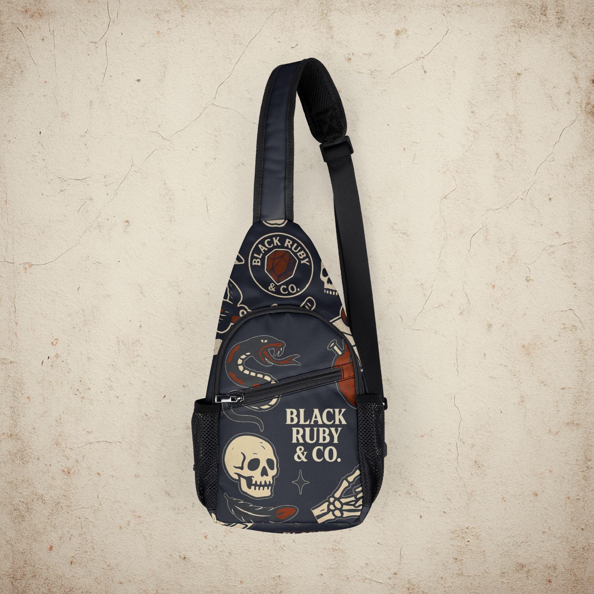 The Sling Bag by Black Ruby & Co. - Tattoo-Inspired Graphic Chest Bag, Skeleton Print Streetwear Pack, Cross Chest