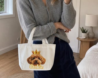 Personalized Dog Face Mini Tote with Name Pet Canvas Handbag for Dog Mom Gifts Custom Pet Portrait Tote Bag Pet Memorial for Pet Owner Gifts