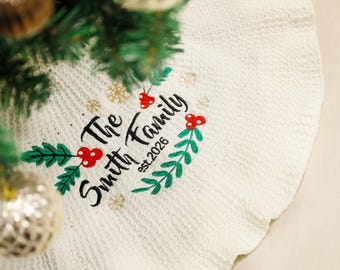 Personalized Christmas Tree Skirt with Family Name Embroidered Tree Skirt for Holiday Decor Custom Knit Tree Skirt for Christmas Home Decor