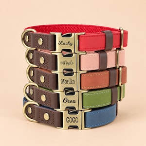 Collar de cuero para perro, collar personalizado para mascota con nombre grabado para cachorro nuevo, collar ajustable personalizado para mascotas, regalo de Navidad para mamás perrunas.