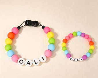 Custom Rainbow Pet Collar and Friendship Bracelet Set for Pet Mom Gifts Personalized Pet Necklace Silicone Beaded Dog Collar for New Puppy