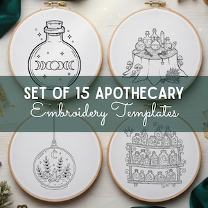 Conjunto de 15 patrones de bordado de brujas (SIN GUÍA DE PUNTADAS) / Paquete de frascos de pociones mágicas de boticario