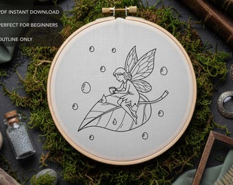 Fairy Embroidery Pattern | Whimsical Nature Hand Embroidery Outline