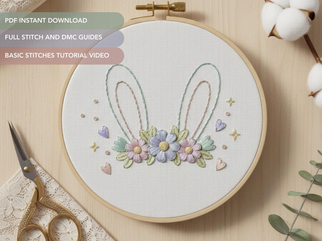 Bunny Ears Embroidery Pattern PDF | Floral Rabbit Spring Easter Hand ...