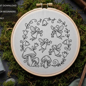 Patrón de bordado de círculos de hadas / Diseño de puntada a mano caprichoso de hadas y hongos