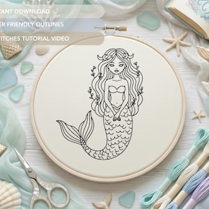 Mermaid Embroidery Pattern PDF, Siren Hand Embroidery Design