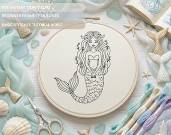 Patrón de bordado de sirena en PDF, diseño de bordado a mano de sirena