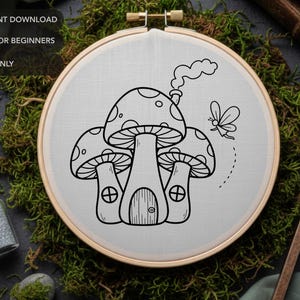 Mushroom House Embroidery Pattern PDF, Toadstool Hand Embroidery Design