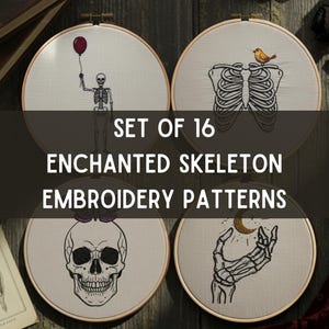 Puede incluir: Juego de 16 patrones de bordado de esqueletos encantados. Cuatro bastidores de bordado presentan diseños con temática de esqueleto: un esqueleto con un globo, una caja torácica con un pájaro, una calavera y una mano de esqueleto sosteniendo una luna creciente.