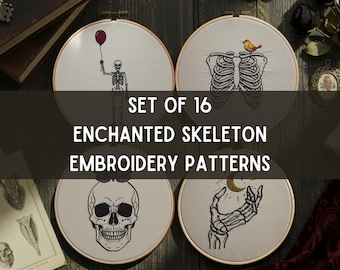 Set of 16 Skeleton Embroidery Patterns Bundle | Gothic Skull Hand Embroidery Design