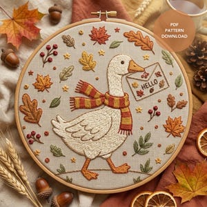 Autumn Goose Hand Embroidery Pattern | Fall Leaves and Acorns Thanksgiving Embroidery Design