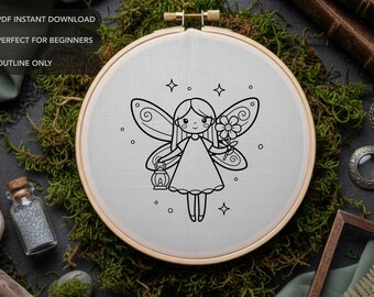 Fairy with Lantern Embroidery Pattern, Whimsical Pixie Hand Embroidery Design