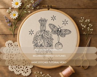 Herb Bundle & Moth Embroidery Pattern | Magical Celestial Smudge Hand Embroidery Design (No Stitch Guide)