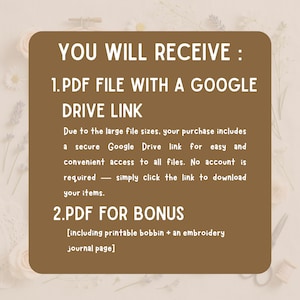 Pu&ograve; includere: Grafica di download digitale marrone con testo bianco che recita "YOU WILL RECEIVE: 1. PDF FILE WITH A GOOGLE DRIVE LINK". Il testo spiega come accedere ai file e menziona un file PDF bonus.