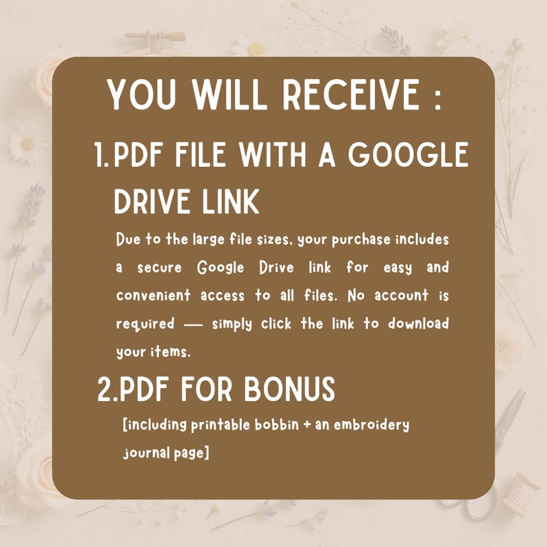 Pu&ograve; includere: Grafica di download digitale marrone con testo bianco che recita "YOU WILL RECEIVE: 1. PDF FILE WITH A GOOGLE DRIVE LINK". Il testo spiega come accedere ai file e menziona un file PDF bonus.