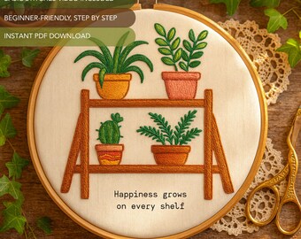 Plant Shelf Embroidery Pattern PDF | Indoor Houseplant Hoop Art with Stitch Guide
