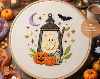 Ghost and Lantern Halloween Hand Embroidery Pattern | Pumpkin Embroidery Design